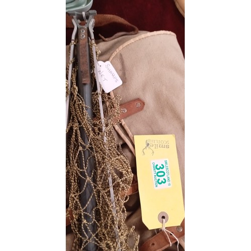 303 - Sharps fly rod 11' Scotty, fishing bag, catch net, rim fly reel etc