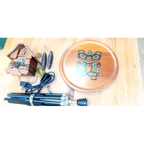 349 - Lamp, Cuckoo clock and 2 Canadian wooden dishes