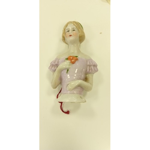 5 - Vintage porcelain pin cushion lady half doll plus a porcelain perfume bottle and a selection of silk... 