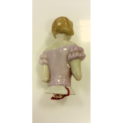 5 - Vintage porcelain pin cushion lady half doll plus a porcelain perfume bottle and a selection of silk... 