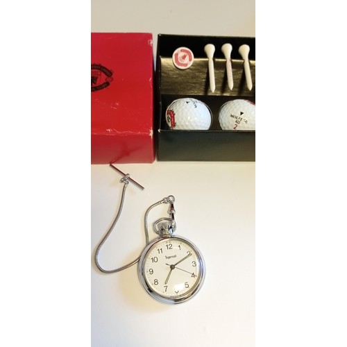 11 - Manchester United golf balls and tee plus Ingersoll pocket watch with chain