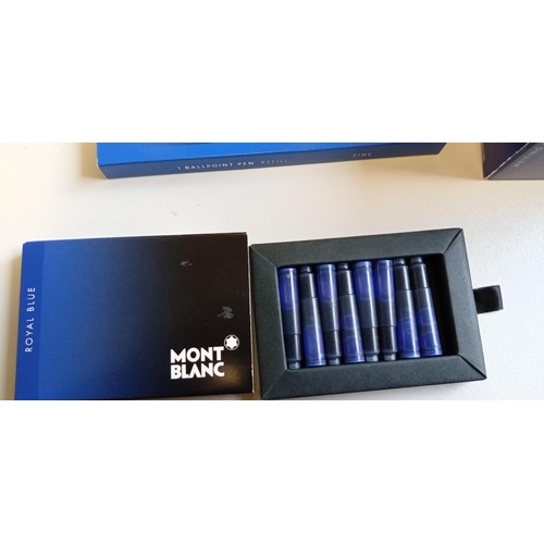 58 - 2 Mont Blanc royal blue Ink Wells plus 8 ink cartridges, fine ballpoint pen refill & 1 fine rollerba... 