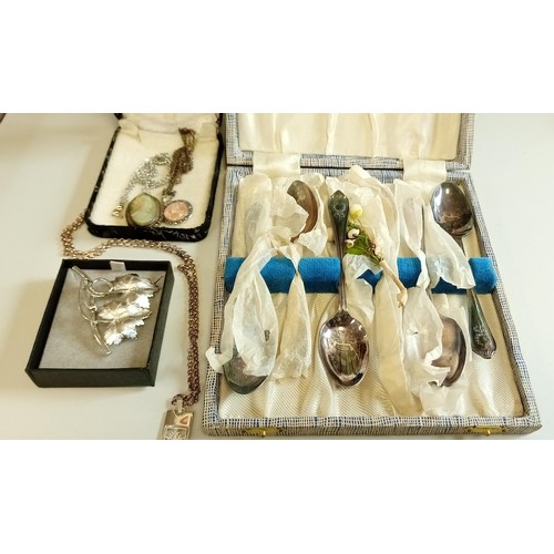 72 - Selection of some silver jewellery & other items to include teaspoons