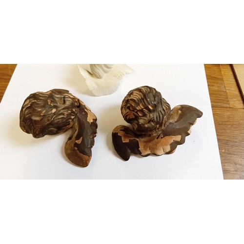 107 - Pair of antique wooden carved painted winged angel heads/ cherubs