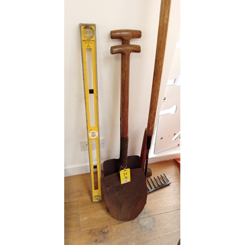 12 - 2 x Shovels, rake, hammer & level