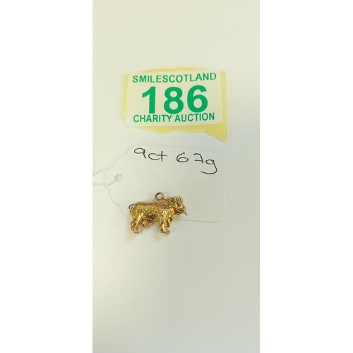 186 - 9ct gold bull highland cow charm weighs 6.7g approx