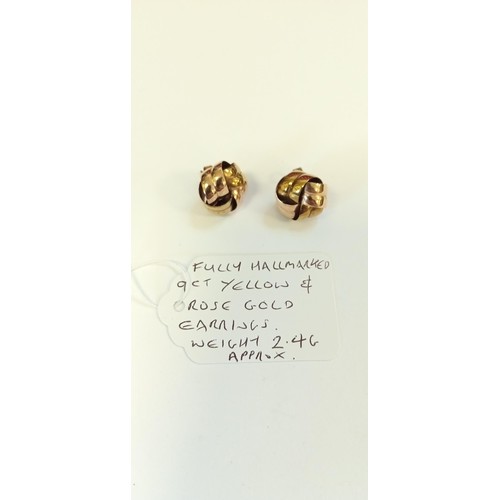 193 - Fully hallmarked 9ct yellow & rose gold earrings weighs 2.4g approx