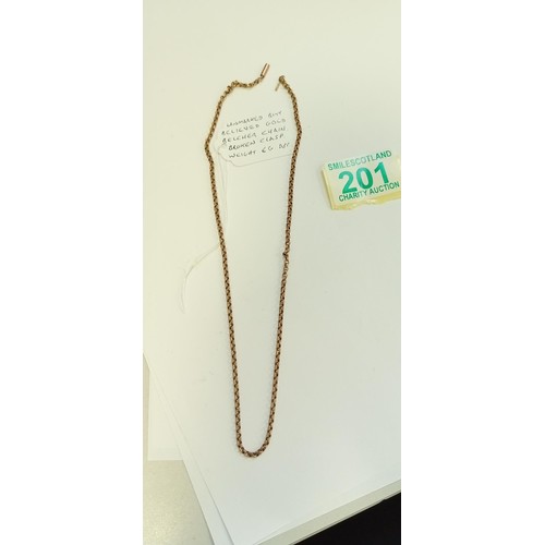 201 - Unmarked but believed gold belcher chain with broken clasp 6g approx.