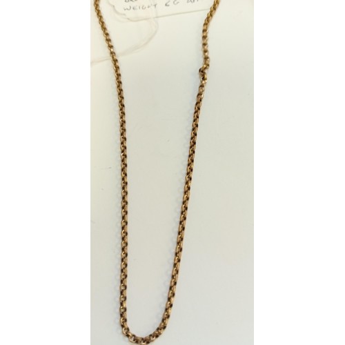 201 - Unmarked but believed gold belcher chain with broken clasp 6g approx.