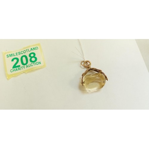 208 - 9ct gold albert fob with large citrine stone