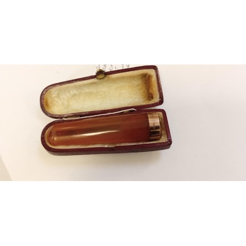 216 - Antique fully hallmarked 9ct gold rimmed cheroot holder in original fur lined leather case maker A B... 