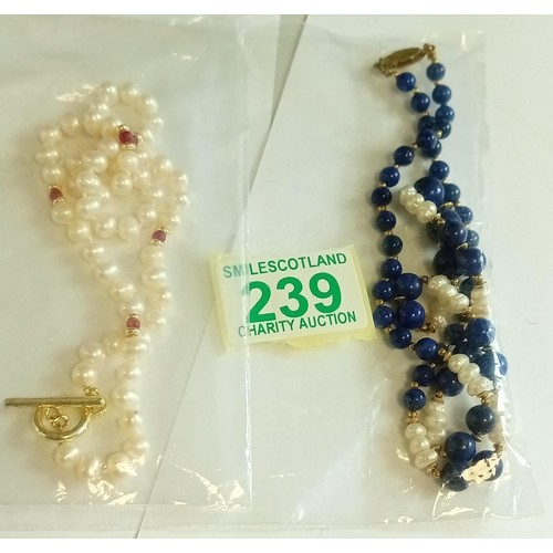 239 - 2 cultured pearl necklaces with garnet & Lapis Lazuli