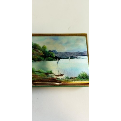 253 - Asprey of London sterling silver gilt Guilloche enamelled snuff box with hand painted lid (lake scen... 