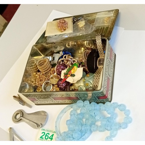 264 - Metal box containing mainly fashion/ costume jewellery