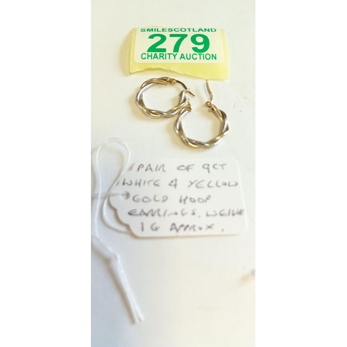 279 - Pair of 9ct white & yellow gold hoop earrings weighs 1g approx.