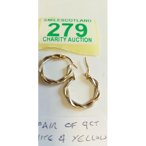 279 - Pair of 9ct white & yellow gold hoop earrings weighs 1g approx.