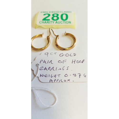 280 - Pair of 9ct gold hoop earrings weighs 0.87g approx