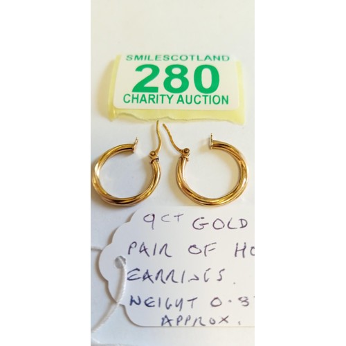 280 - Pair of 9ct gold hoop earrings weighs 0.87g approx