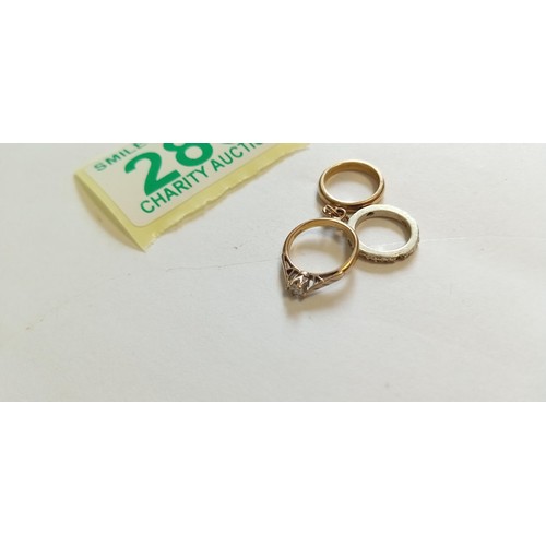 283 - Fully hallmarked 9ct 3 ring charms, engagement, wedding and eternity rings weighs 2.9g approx.