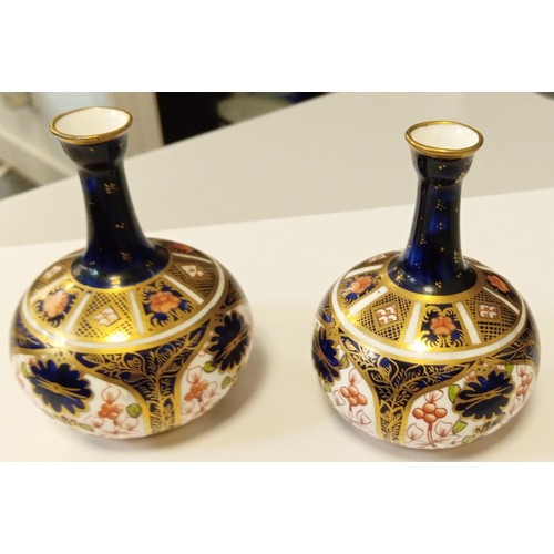 295 - Pair of Royal Crown Derby old Amari Japan pattern 1128 & 1342 miniature bottle shaped vases