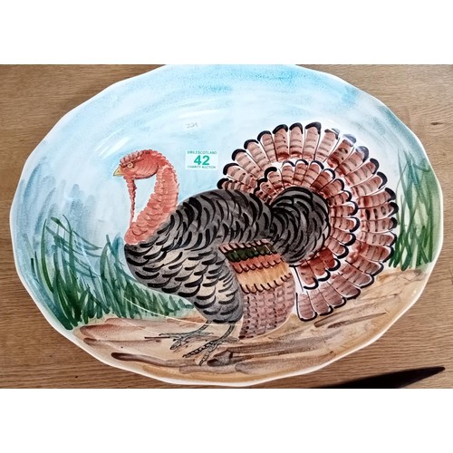 42 - Iden pottery Rye signed platter plate with handpainted turkey