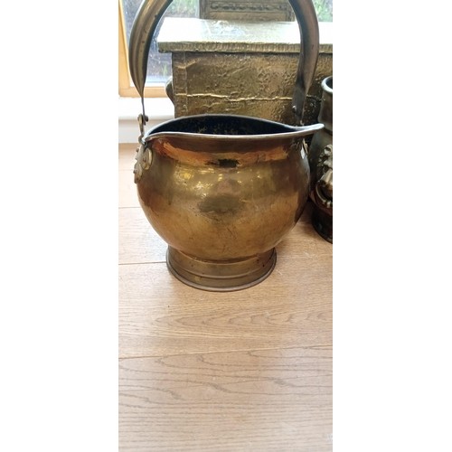 63 - Brass stick stand, coal box, scuttle and pot