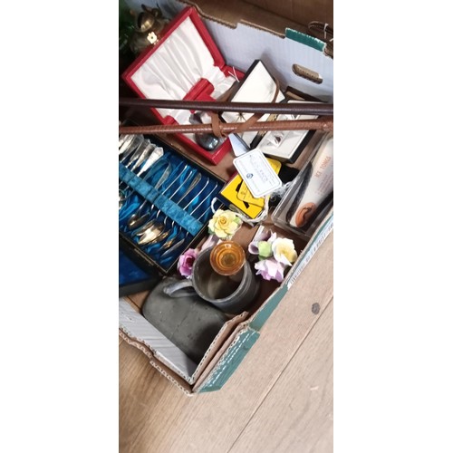 89 - Box of vintage cutlery, AA badge, lamps and more