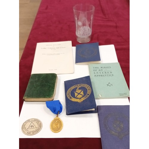 106 - Masonic leaflet books and Glass plus medals