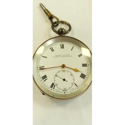 107 - 925 silver pocket watch with protective case , Acme Lever, H Samuel Manchester