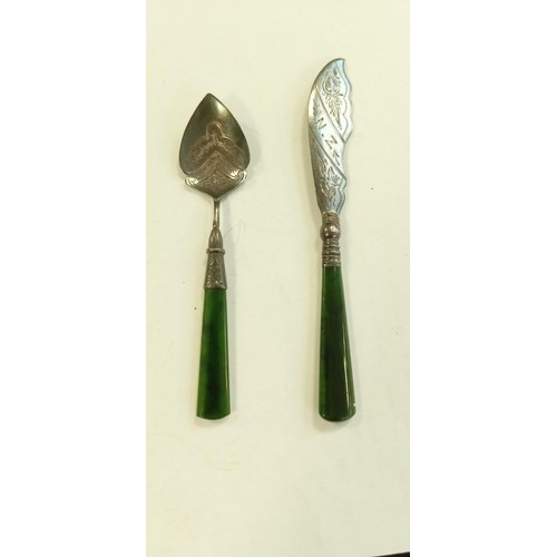 116 - Sterling Silver hall marked with Jade handles Fish knife and a spoon