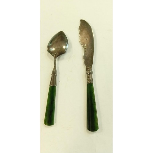 116 - Sterling Silver hall marked with Jade handles Fish knife and a spoon