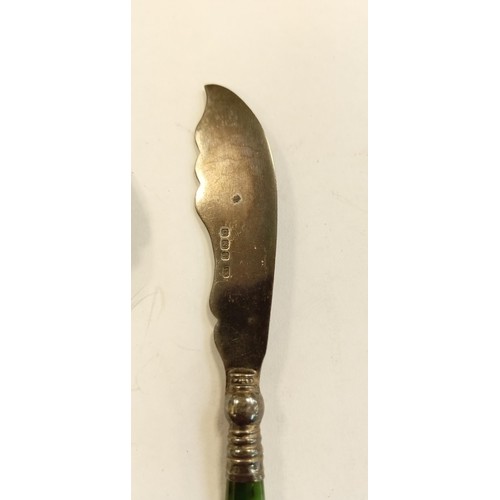 116 - Sterling Silver hall marked with Jade handles Fish knife and a spoon