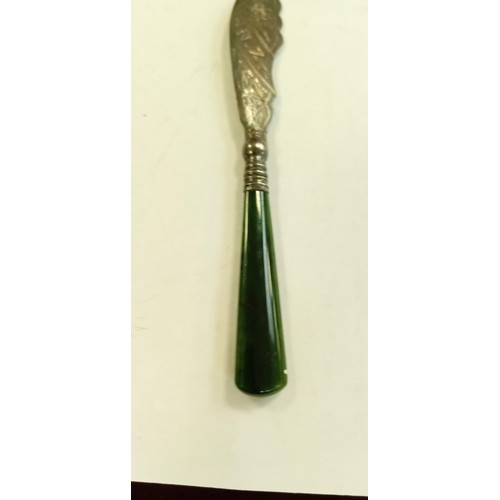 116 - Sterling Silver hall marked with Jade handles Fish knife and a spoon