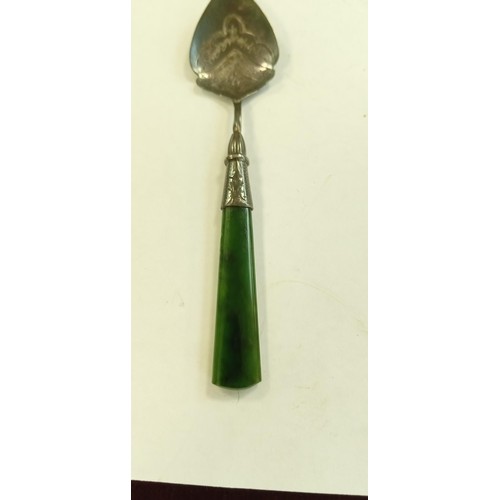 116 - Sterling Silver hall marked with Jade handles Fish knife and a spoon