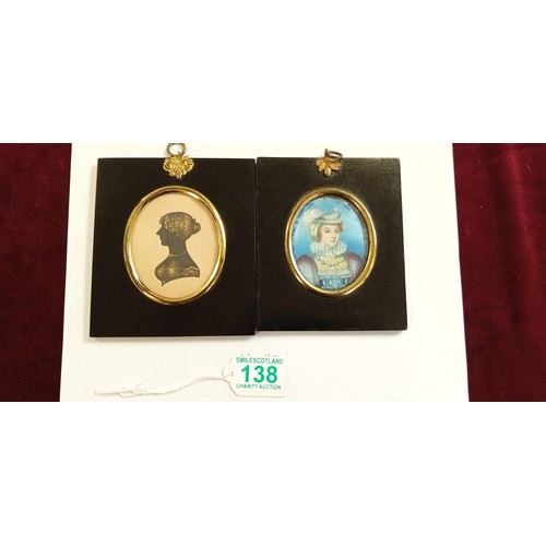 138 - Antique hand painted miniature portrait plus vintage silhouette