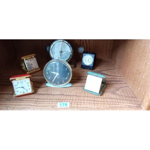 176 - Selection of vintage travelling clocks, barometer & Smiths clock