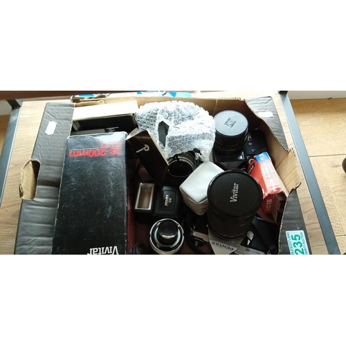 235 - Box of vintage cameras and equipment