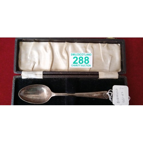 288 - Boxed hallmarked silver spoon in original box inscribed