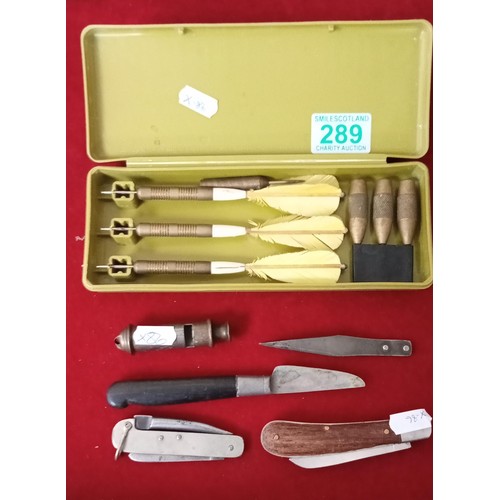 289 - Vintage darts, whistle, pen knives and more