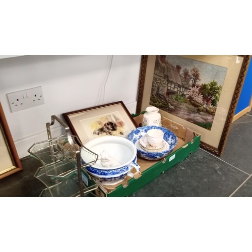 292 - Selection of mixed items to include cake stand and framed tapestry