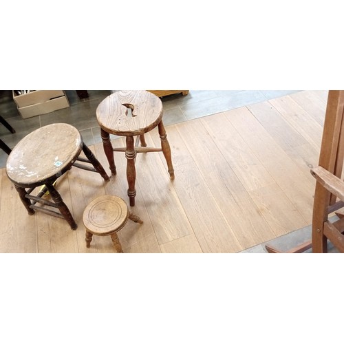 347 - 2 Vintage wooden stools and a milk stool