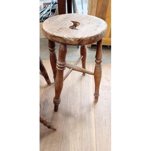 347 - 2 Vintage wooden stools and a milk stool