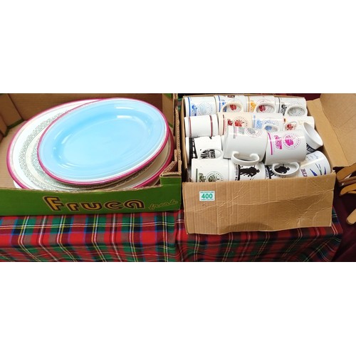 400 - 2 Boxes of advertising mugs and serving plates