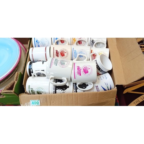 400 - 2 Boxes of advertising mugs and serving plates