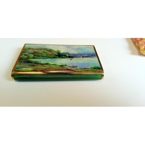 58 - Asprey of London sterling silver gilt Guilloche enamelled snuff box with hand painted lid (lake scen... 