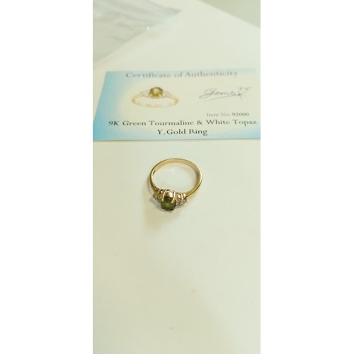 66 - 9ct gold with tourmaline & white topaz ring size Q approx.  2.4g approx.