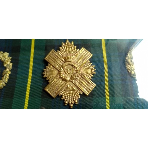 91 - Vintage Gordon Highlander Bydand badges and plaid badges in a presentation case