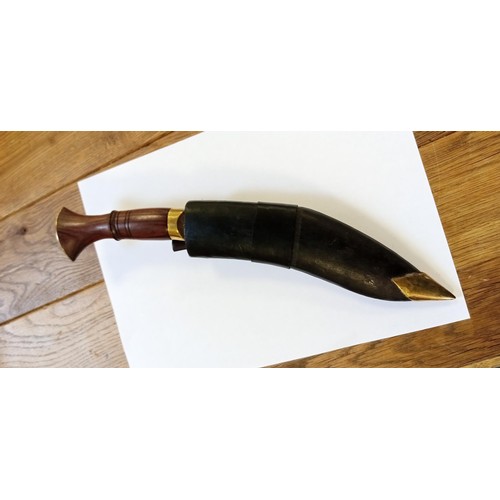 5 - Vintage Khukuri, Ghurka style medium knife with wooden handle, brass embellishments, dark brown shea... 