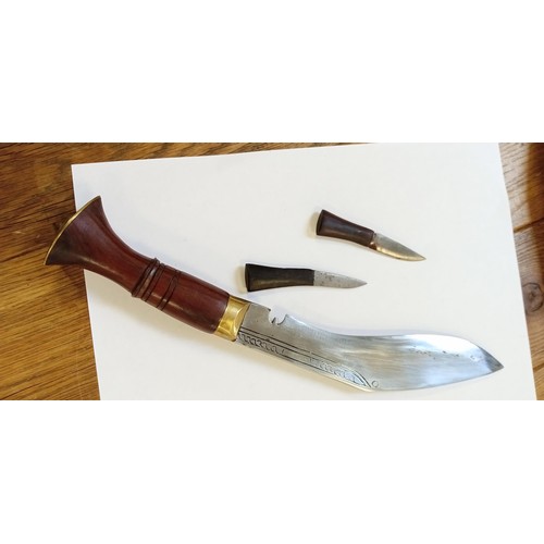 5 - Vintage Khukuri, Ghurka style medium knife with wooden handle, brass embellishments, dark brown shea... 