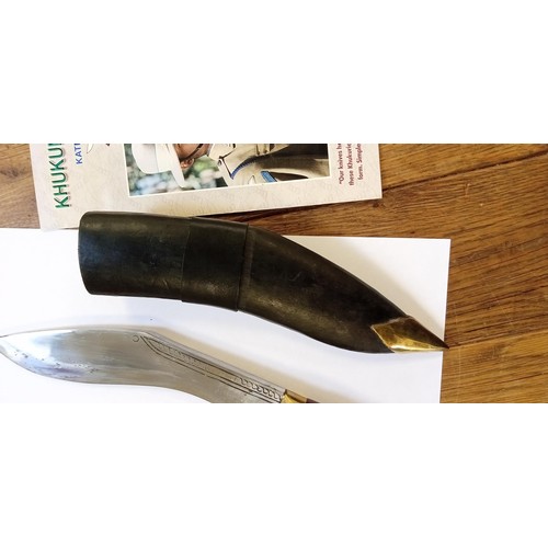 5 - Vintage Khukuri, Ghurka style medium knife with wooden handle, brass embellishments, dark brown shea... 